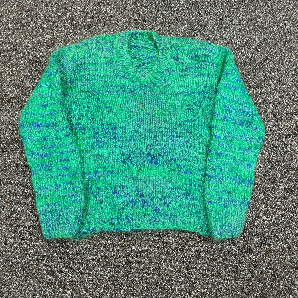 True Vintage 1960s Wool Sweater Handmade Green And Blue V Neck Size Small